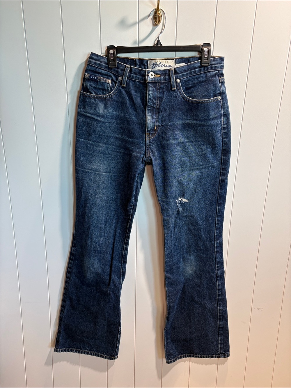 Express Blues denim all cotton flare leg long length jeans 11/12